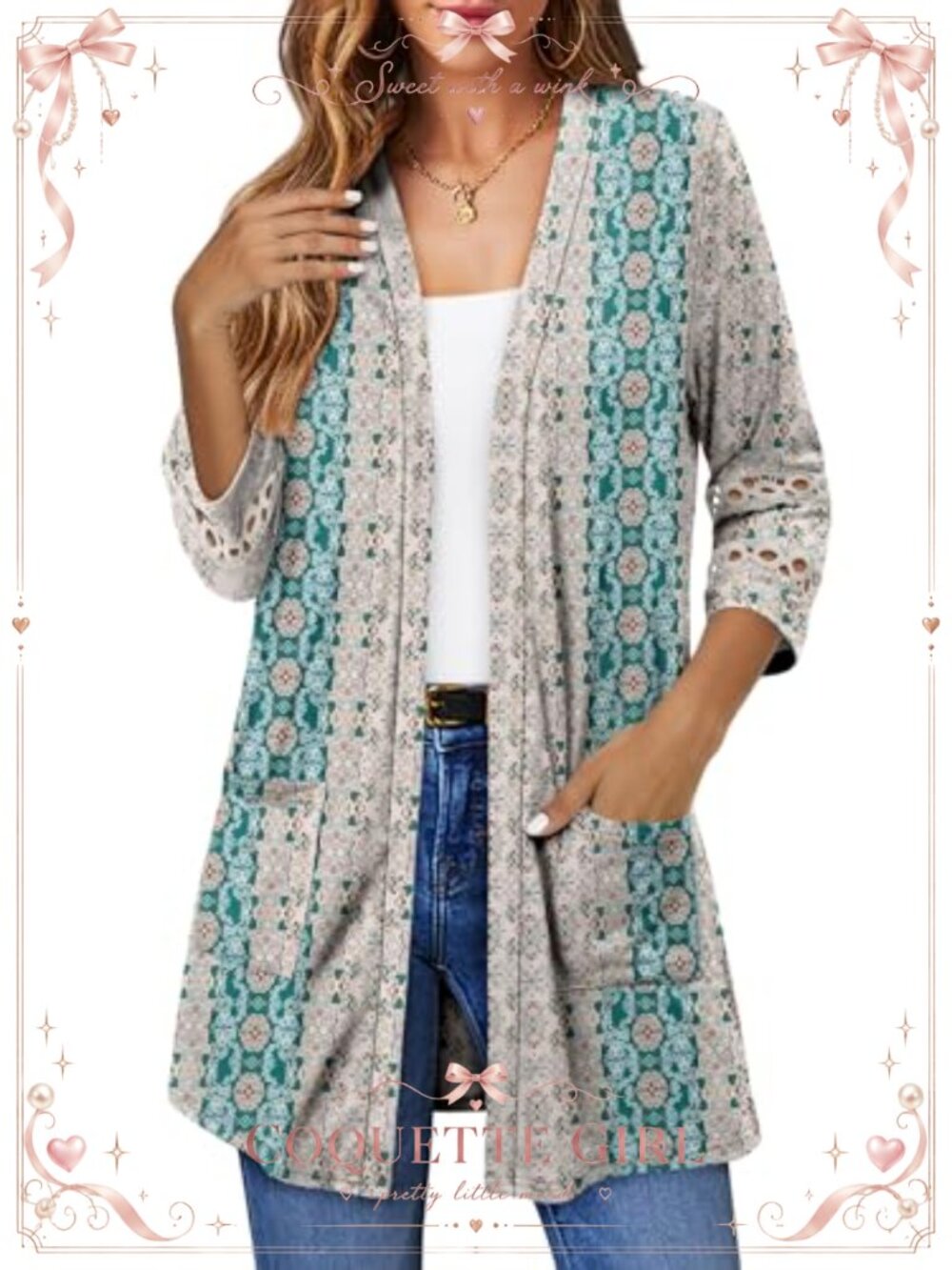 Lightweight Open Front Cardigan Eyelet Cuff Knit Sweater